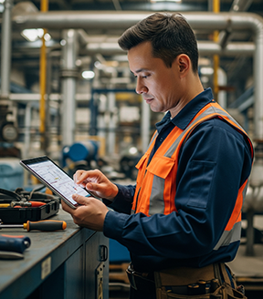 A maintenance technician reviews a work order before a job.
