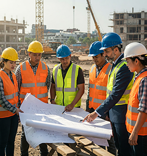 A maintenance team discusses upcoming projects.