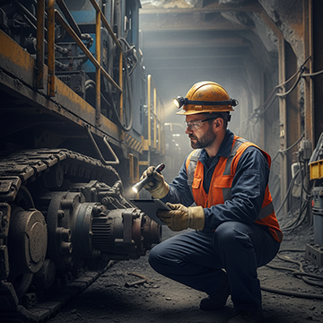 Mining maintenance technician uses CMMS mining software for preventive maintenance on heavy equipment.