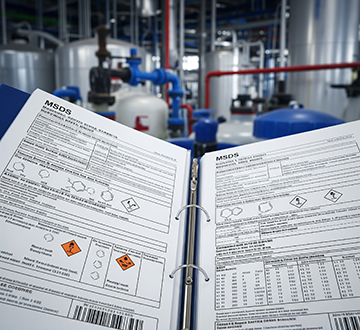 Employee reviewing a Material Safety Data Sheet (MSDS) to follow chemical safety protocols.