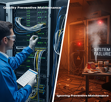 A technician performing preventive maintenance and a machine failing due to neglect of PM.