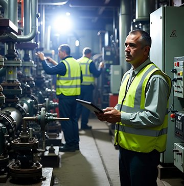 Technicians conduct power plant maintenance for safety.