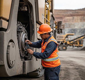 A maintenance worker conducts preventive maintenance to mining equipment.