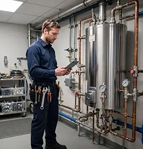 A maintenance worker uses CMMS work orders for preventive maintenance in a hospital.