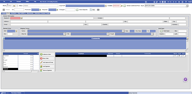 MAPCON purchase order creation window.