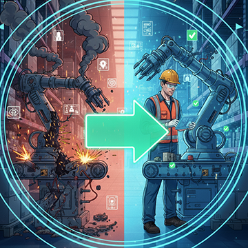 An image of costly reactive repair and a technician conducting preventive maintenance.