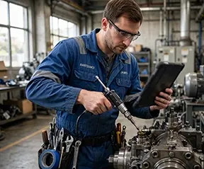 A maintenance tech performing routine maintenance via a cmms work order.