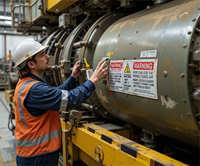 A maintenance worker displays safety warnings on equipment as part of preventive maintenance procedures.