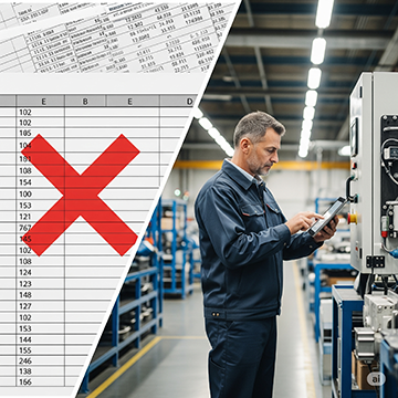 A representation of an X'd spreadsheet and a maintenance manager using CMMS mobile.