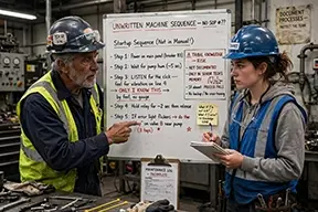 A senior tech trying to explain to a junior tech maintenance steps without a CMMS..