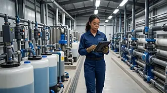 A supervisor uses a mobile CMMS for work orders at a utility facility.