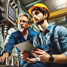 Two technicians analyzing equipment issues as part of a CMMS strategy.