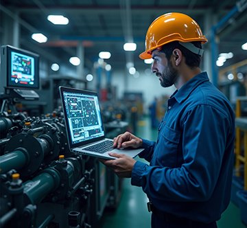 A maintenance technician uses AI combined with a CMMS for root cause analysis on asset management.
