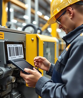 A maintenance worker uses CMMS mobile for scanning an asset's barcode