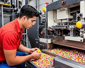 A technician completes a CMMS work order on a machine that creates jawbreakers.