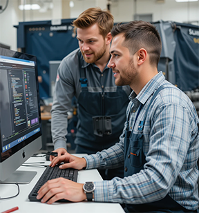 A maintenance supervisor discusses the best CMMS software with a coworker