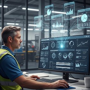 A maintenance manager reviews reports from an AI-enhanced CMMS.