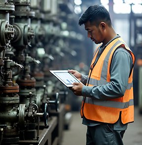 A maintenance technician analyzes ROI reports from a CMMS with AI.