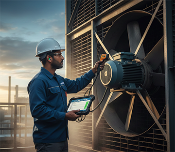A technician uses a CMMS to help with cooling tower maintenance for peak efficiency.