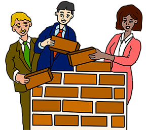 Image: cartoon figures behing a brick wall