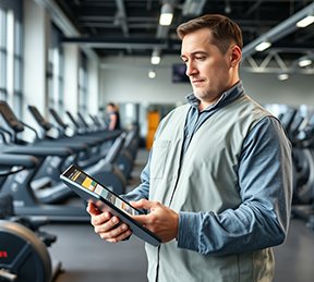 A fitness facility manager uses his CMMS to check maintenance documentation