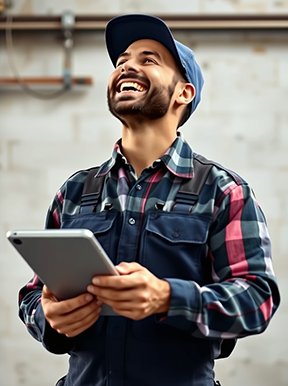 A maintenance worker laughing at his ridiculous wok order.