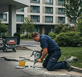 A maintenance worker repairs an entrance drive to a hotel from a CMMS work order.