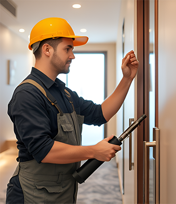 Hospitality maintenance technician using CMMS software on a mobile device to streamline hotel maintenance tasks.