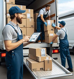 An inventory worker using CMMS software to track on-time deliveries and manage maintenance parts.