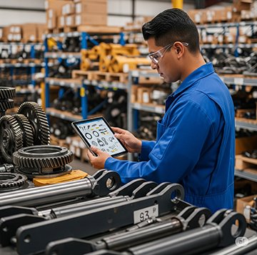 A stockroom worker uses a CMMS for spare parts management.