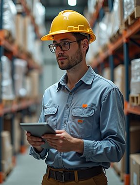 A warehouse worker uses a CMMS to organize inventory management