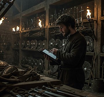 A GoT-type character conducting inventory management in the armory.