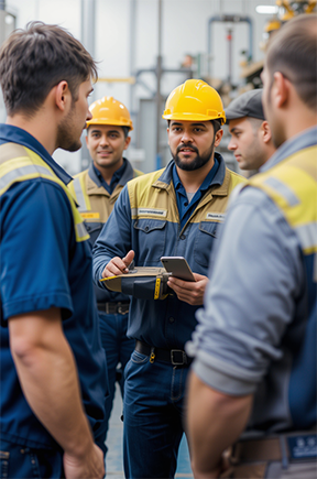 A maintenance supervisor exhibiting leadership to his crew of technicians.
