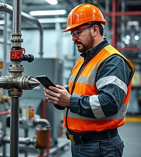 A maintenance technician updates the lockout/tagout status on a mobile CMMS to ensure equipment safety.