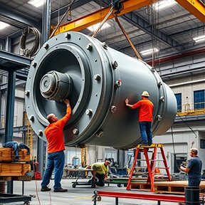 Maintenance workers install a replacement piece of equipment. 