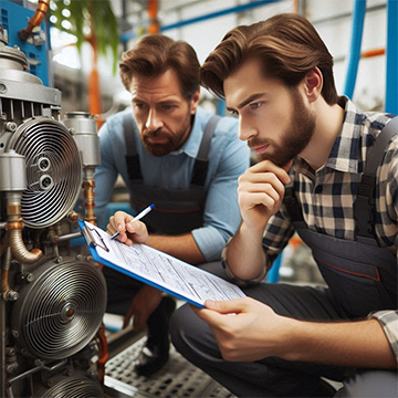 Image: maintenance techs looking at a report 