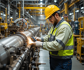 Maintenance worker completing a CMMS work order on a pipeline for sustainable maintenance management.