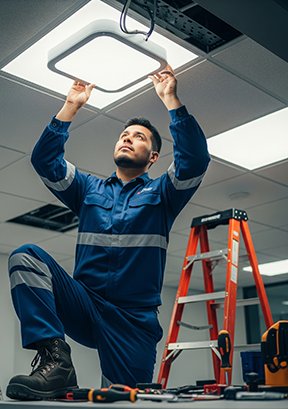 A maintenance worker installing energy efficient lighting as part of a PM.