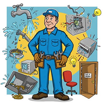 Illustration of a maintenance worker facing asset management challenges