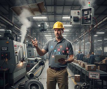 A technician uses CMMS maintenance management software to prevent equipment failures.