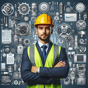 Image: Maintenance tech with a backdrop of maintenance items