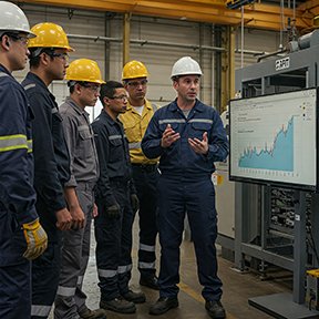 A maintenance supervisor discusses efficiency and effectiveness operations with his crew.