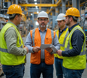 A maintenance supervisor leads a team meeting focused on effective maintenance management strategies.