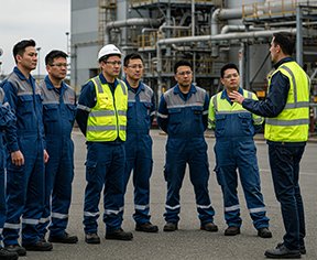 A maintenance department exhibits discipline during a daily meeting
