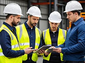 A maintenance supervisor meets with his team to discuss CMMS work orders.