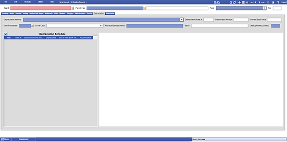 Screenshot of MAPCON CMMS depreciation tracking menu interface.
