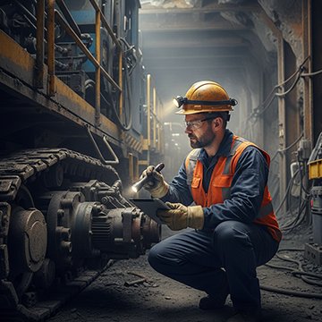 Mining maintenance technician uses CMMS mining software for preventive maintenance on heavy equipment.