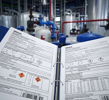 Employee reviewing a Material Safety Data Sheet (MSDS) to follow chemical safety protocols.