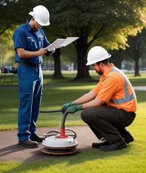 Image: Two mainenance workers in a park.