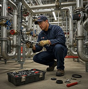 A maintenance worker conducts repairs on a facility's plumbing system.